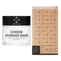 Formaticum cheese storage bags packaging with black and white label and brown bag with pattern.