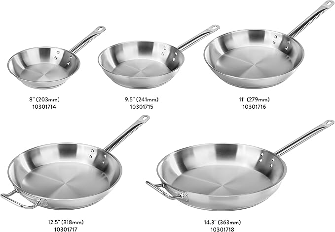 Set of stainless steel frying pans in various sizes on a white background
